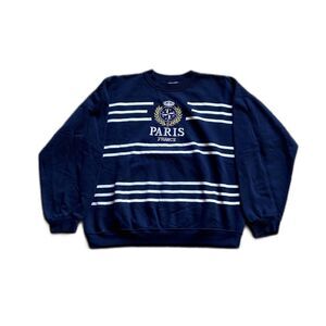 VINTAGE 90S PARIS FRANCE NAVY SPELLOUT CREWNECK SWEATSHIRT XL